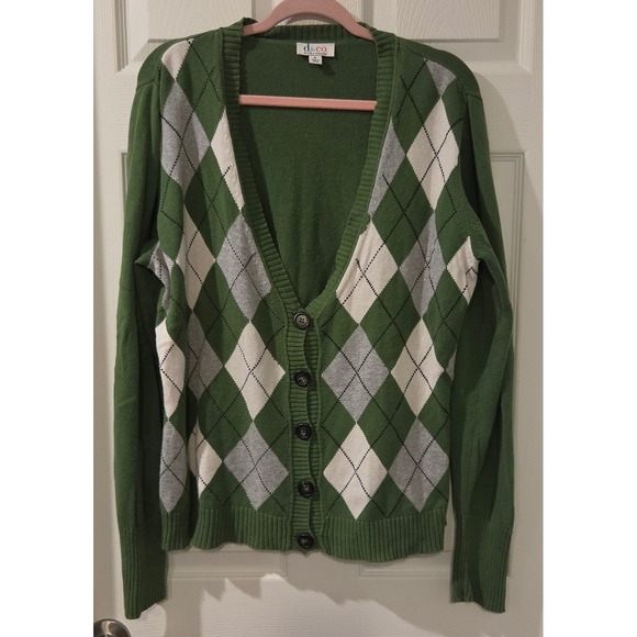 Denim & Co. Sweaters - Denim & Co XL Green Argyle Cardigan 100% Cotton Preppy Grandpa Academia Sweater